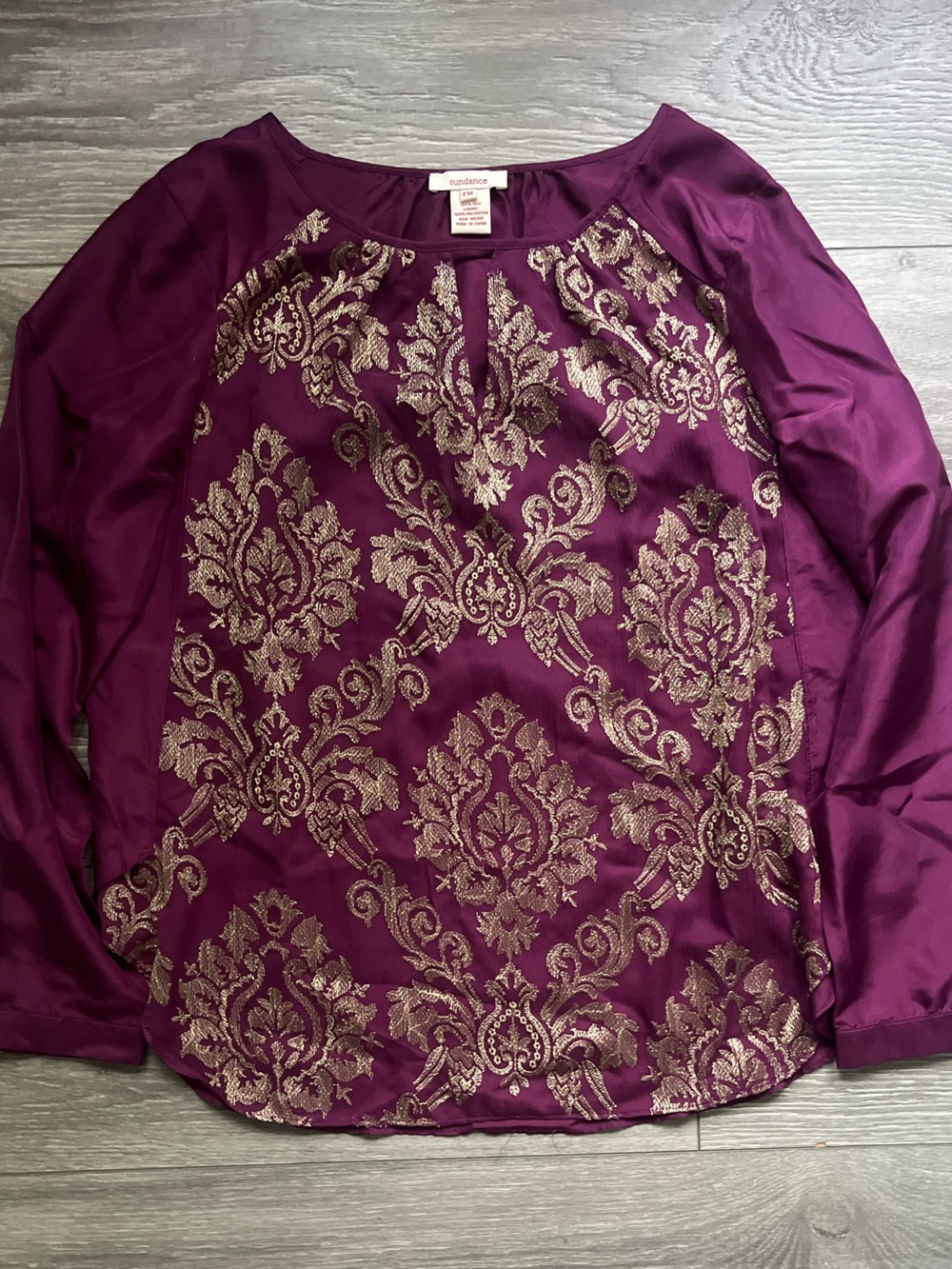 Sundance Purple Gold Damask Embroidered Long Sleeve Blouse 100% Silk Size M P